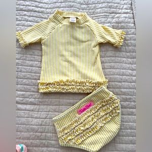 Ruffle Butts seersucker two piece toddler bathing suit.